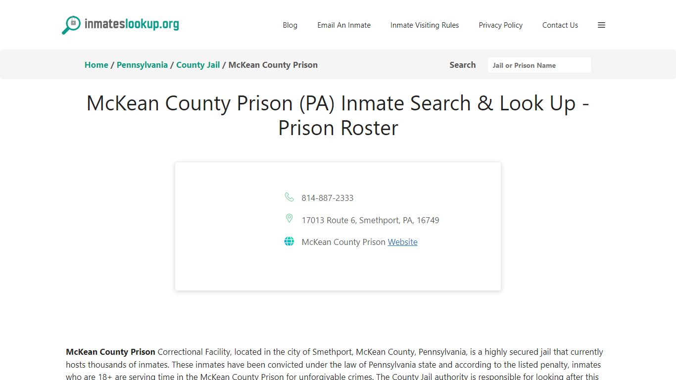 McKean County Prison (PA) Inmate Search & Look Up - Prison Roster
